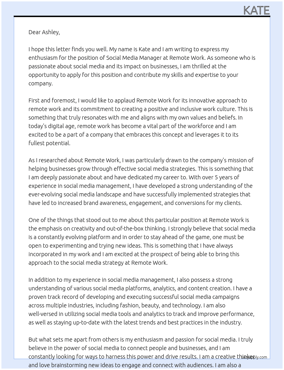 Social Media Manager At Remote work Cover Letter