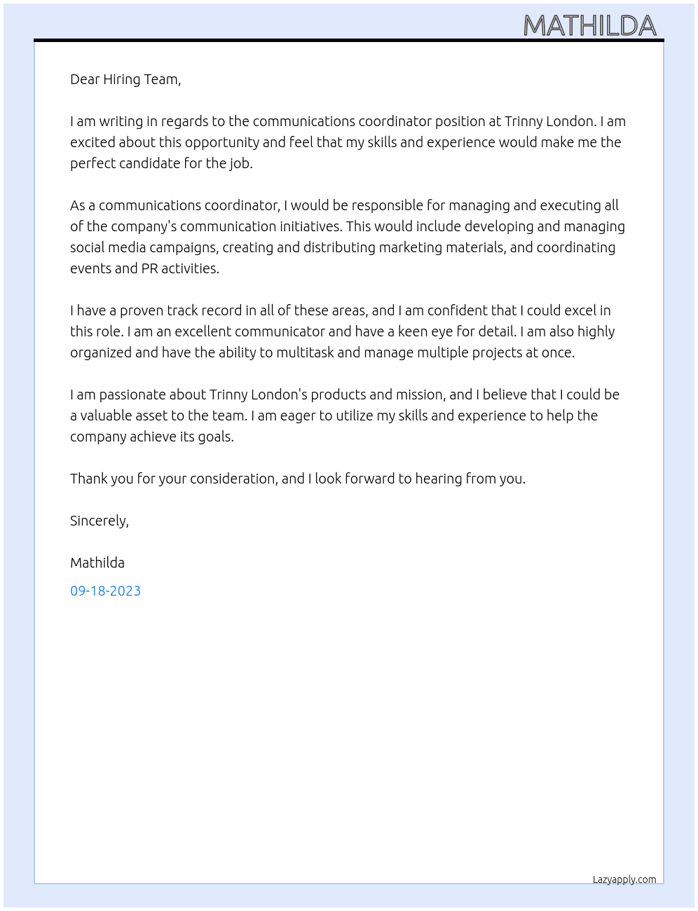 communications coordinator  At Trinny London  Cover Letter