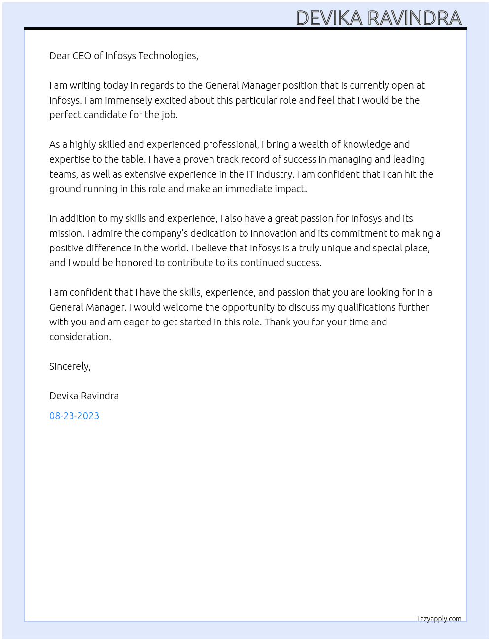 General Manager  At Infosys  Cover Letter