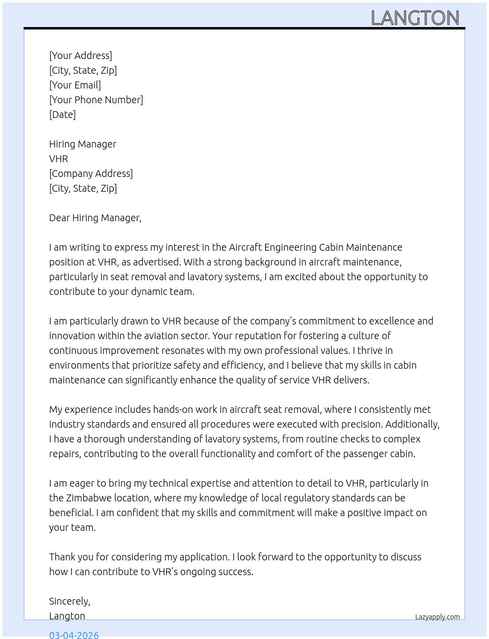 Aircraft Engineering cabin maintenance  At VHR Cover Letter