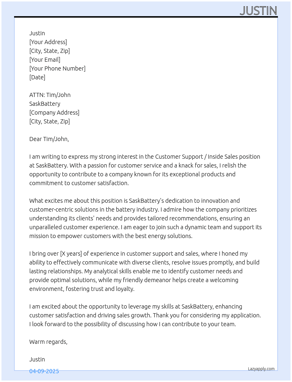 Customer Support / Inside Sales At SaskBattery Cover Letter
