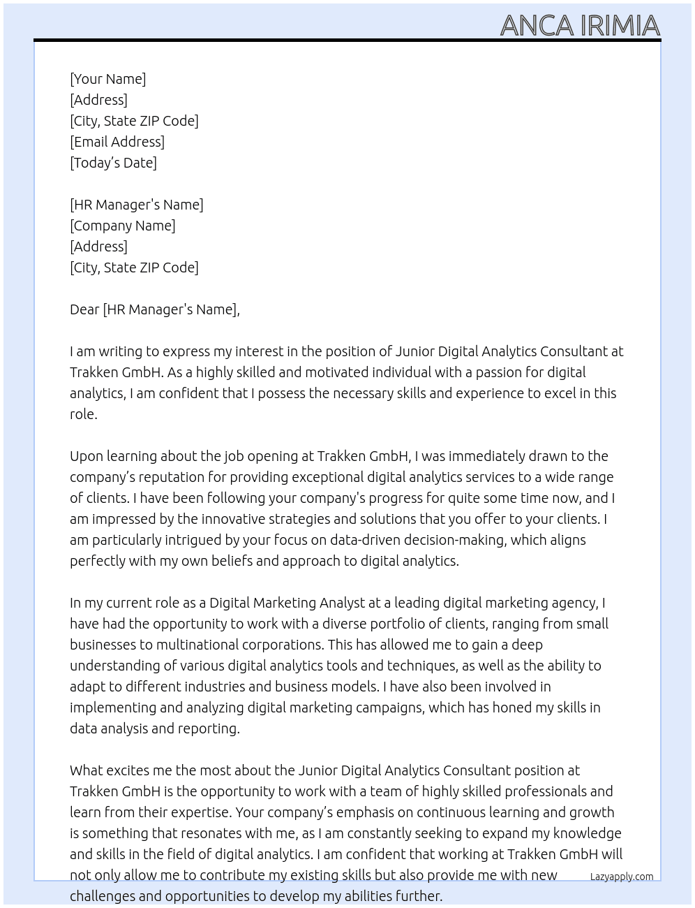 Junior Digital Analytics Consultant At Trakken GmbH Cover Letter