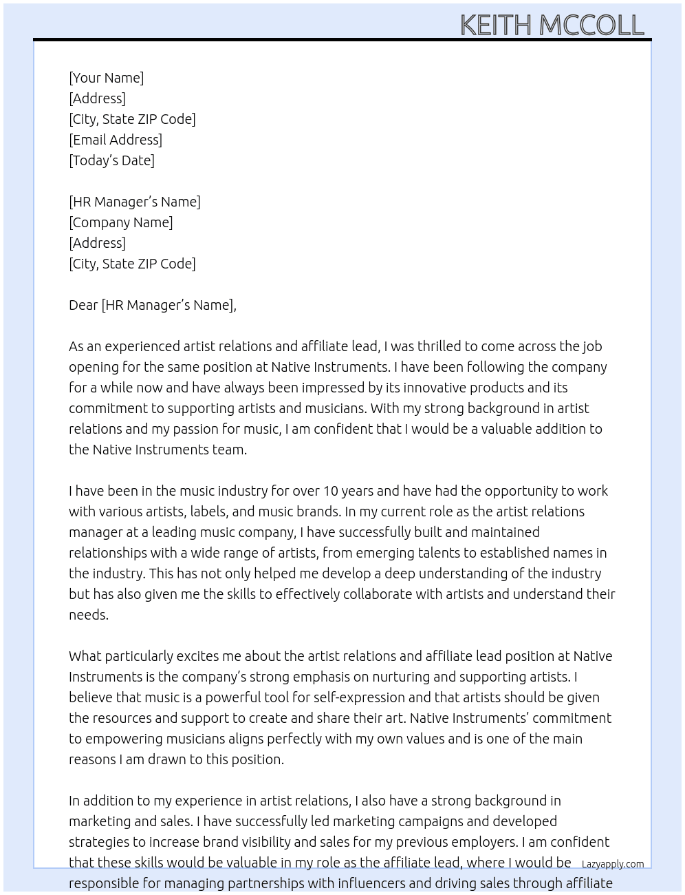 Artist Relations & Affiliate Lead At Native Instruments Cover Letter