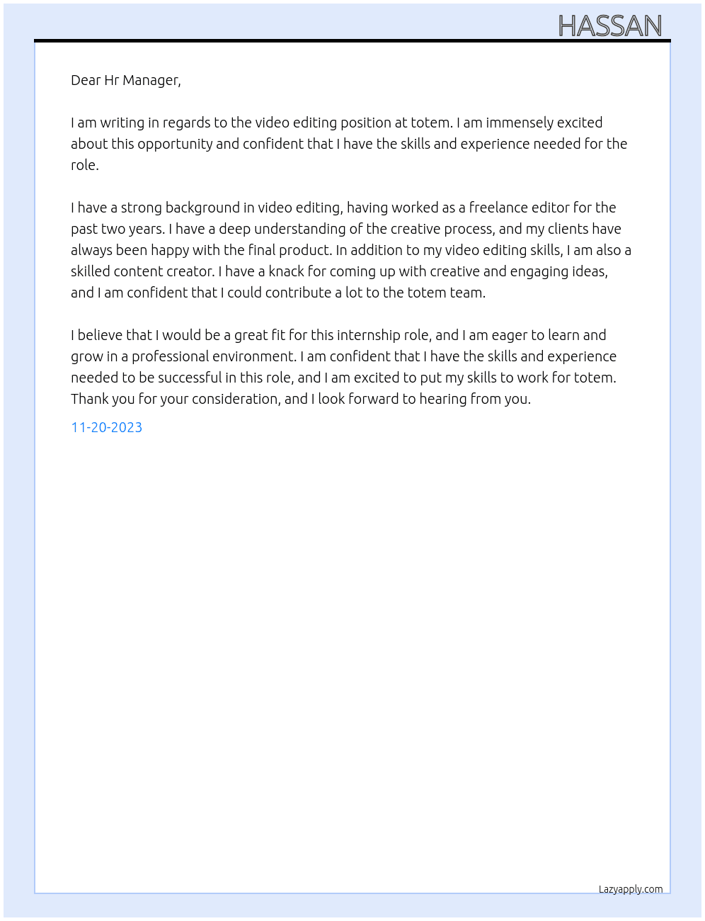 Video Editing At totem Cover Letter