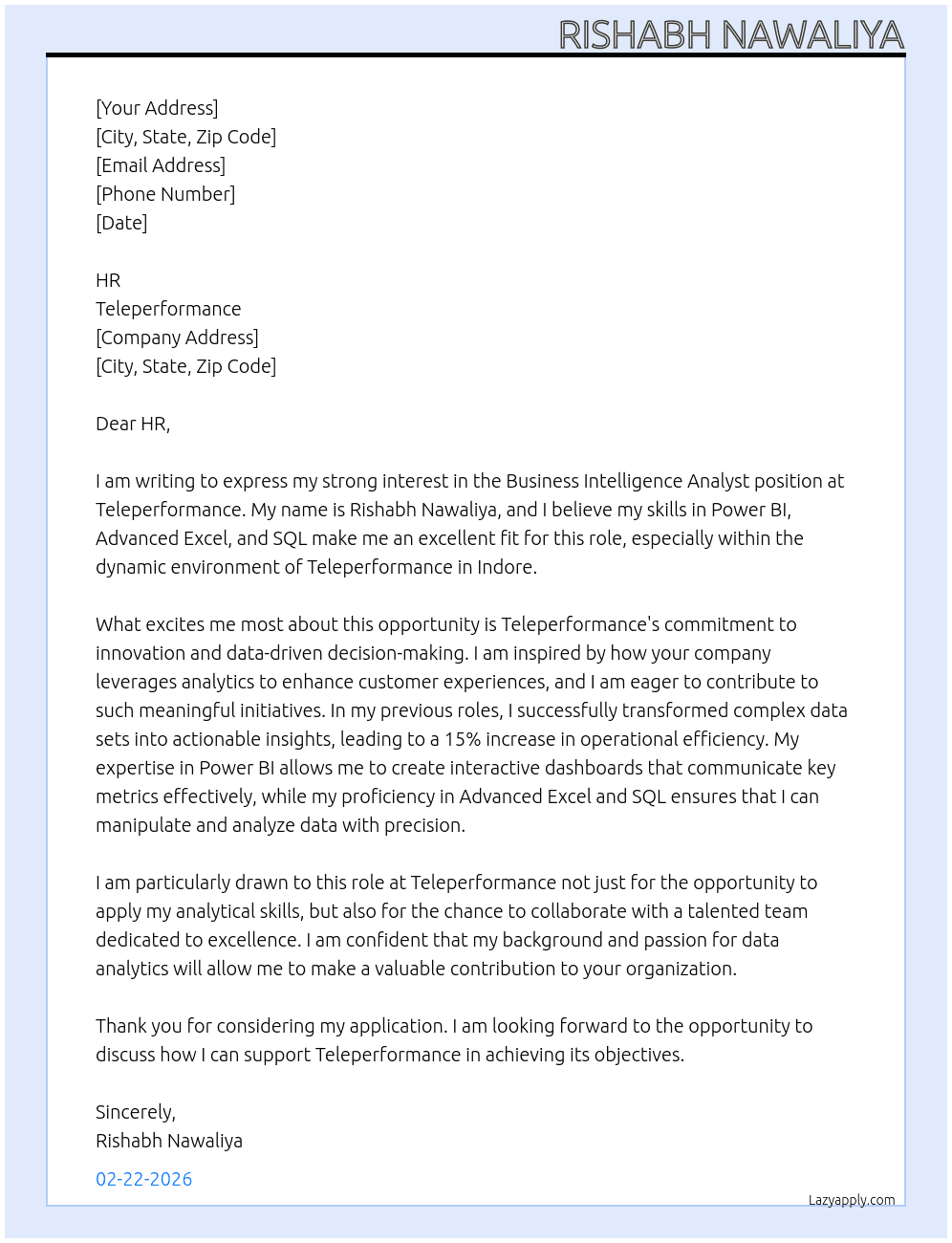 Business intelligent Analyst At Teleperformance Cover Letter