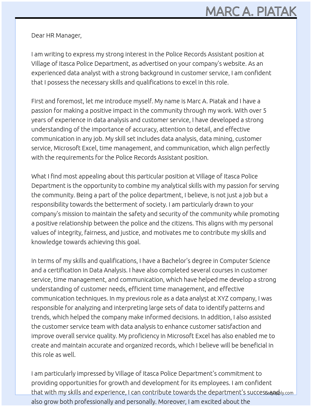 Cover letter for police records assistant - LazyApply