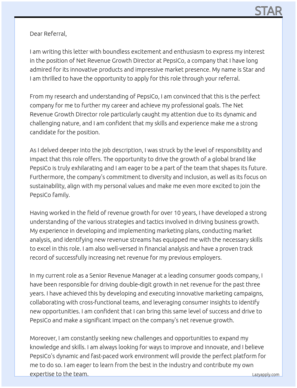 Net Revenue Growth Director At PepsiCo Cover Letter