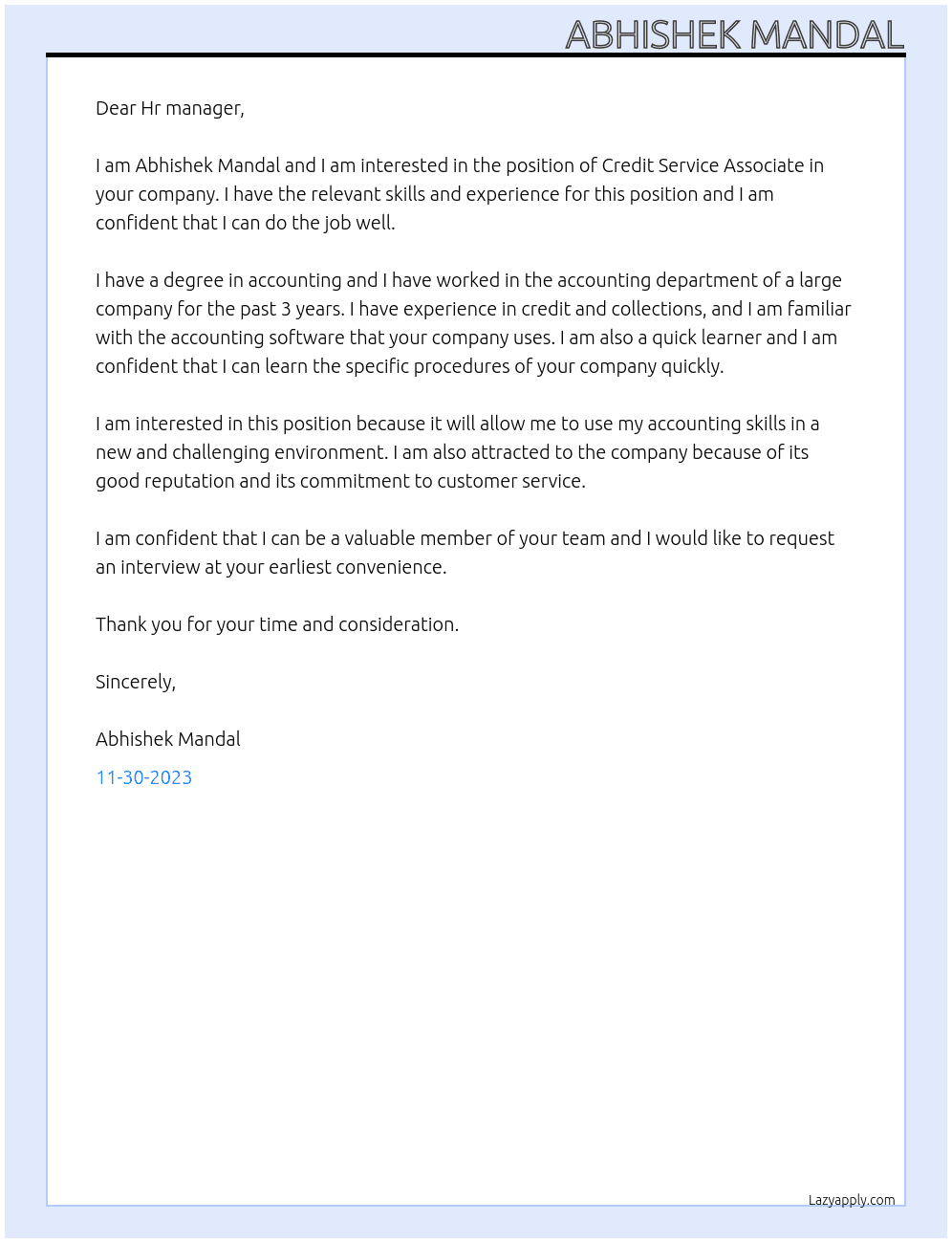 Credit Service Associate At tide Cover Letter