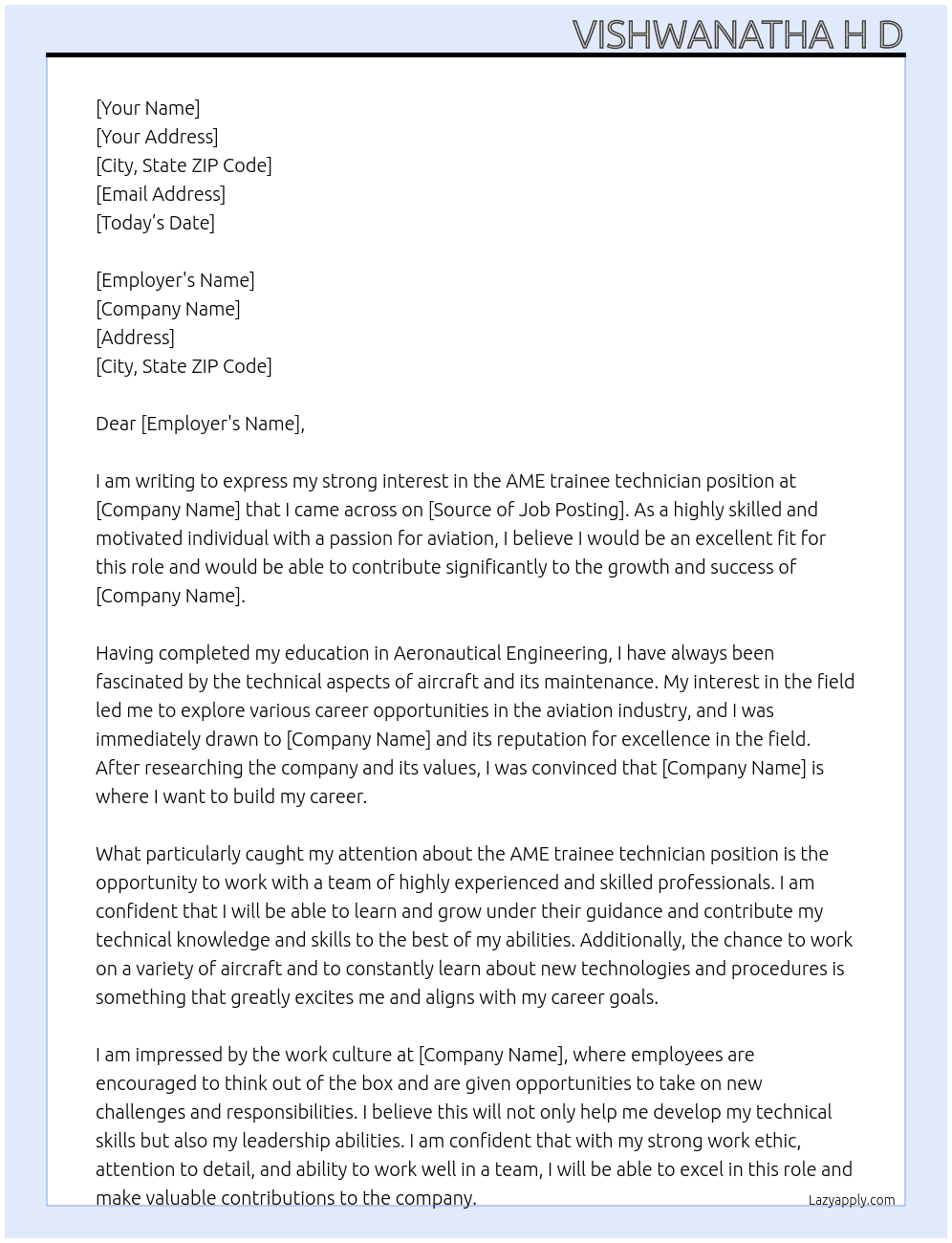 AME trainee technician  At aerochamp.net Cover Letter