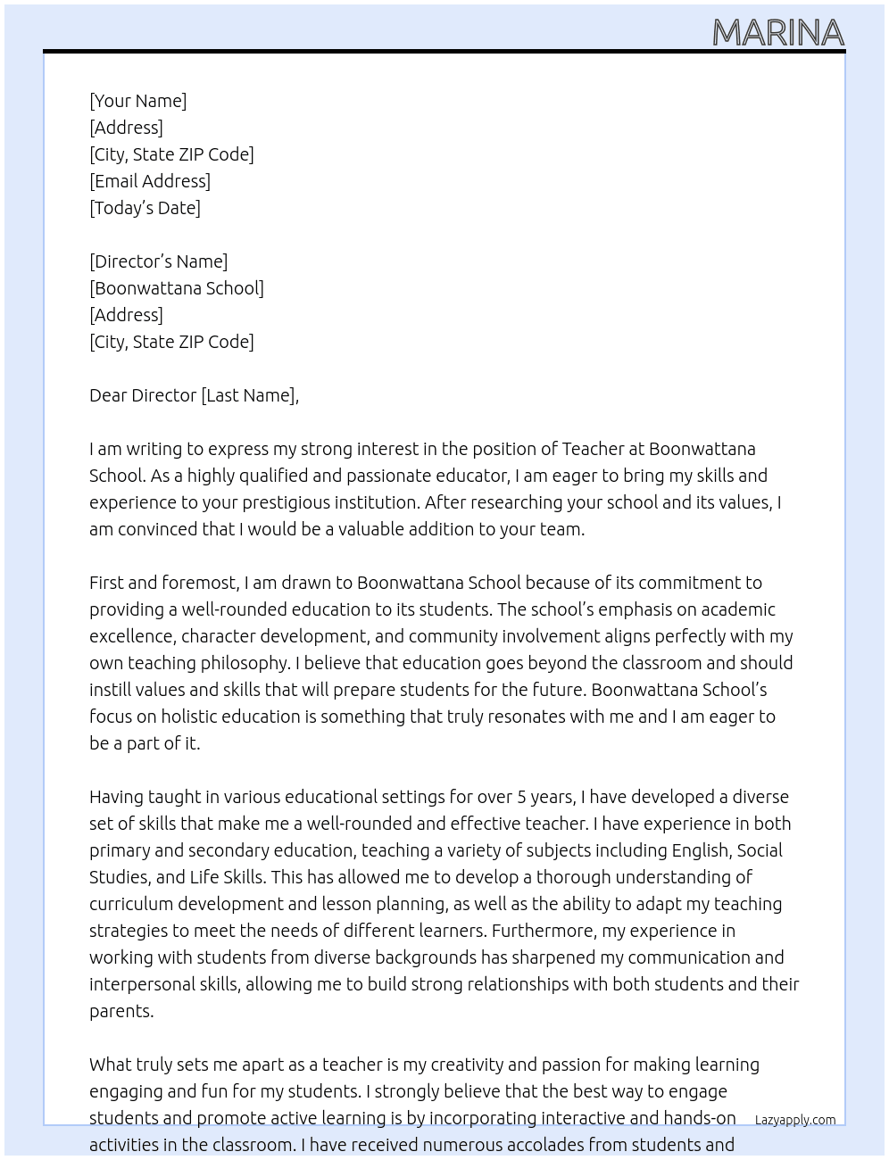 Teacher At Boonwattana School Cover Letter