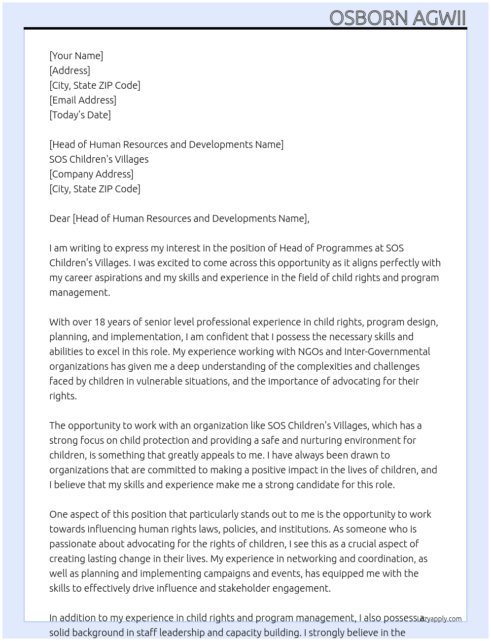 HEAD OF PROGRAMMES At SOS Children's Villages Cover Letter