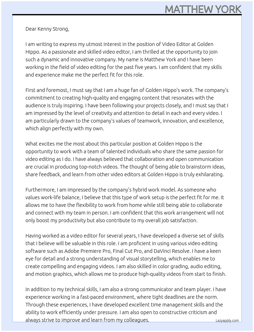 Video Editor At Golden Hippo Cover Letter