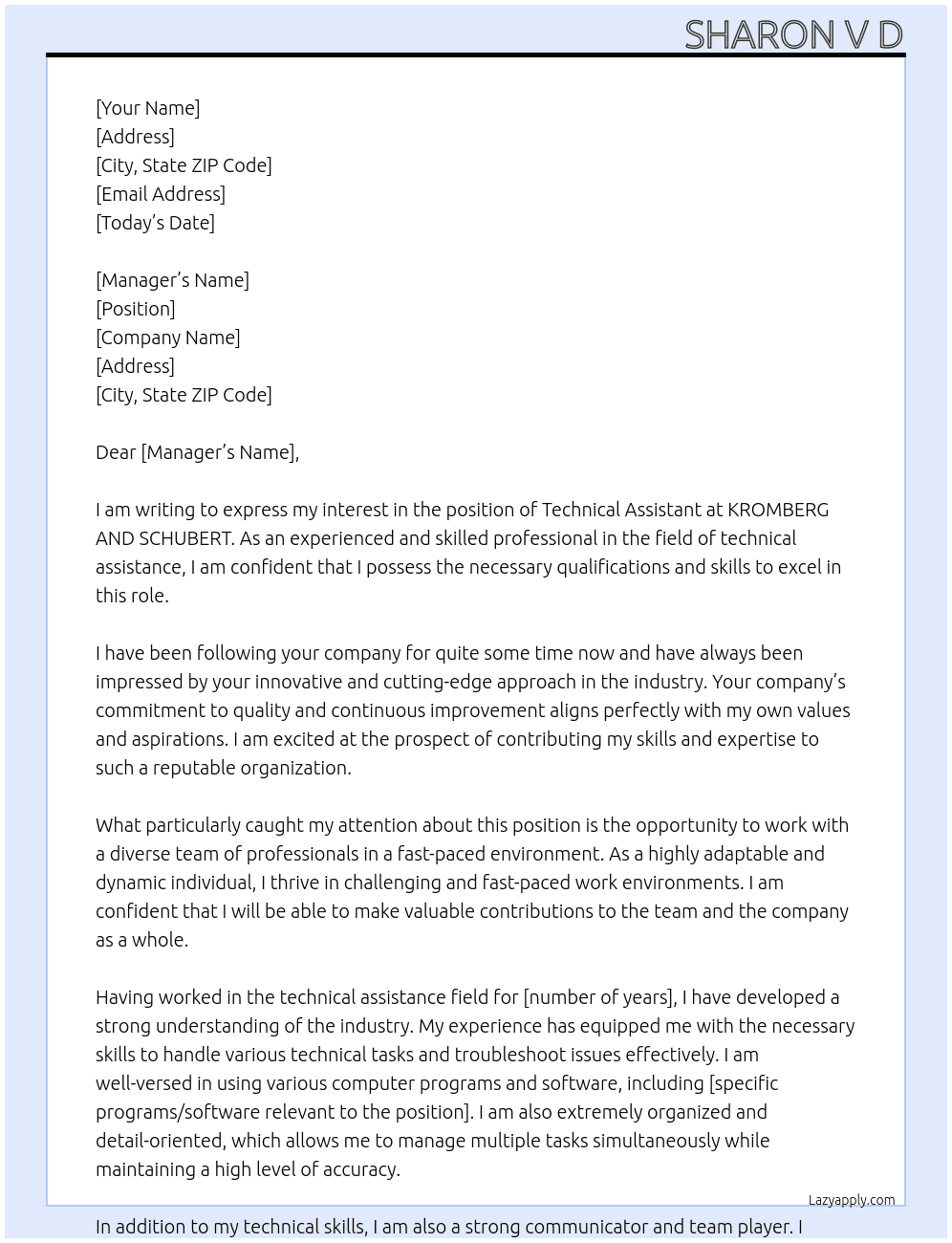 Technical Assistant  At KROMBERG AND SCHUBERT  Cover Letter