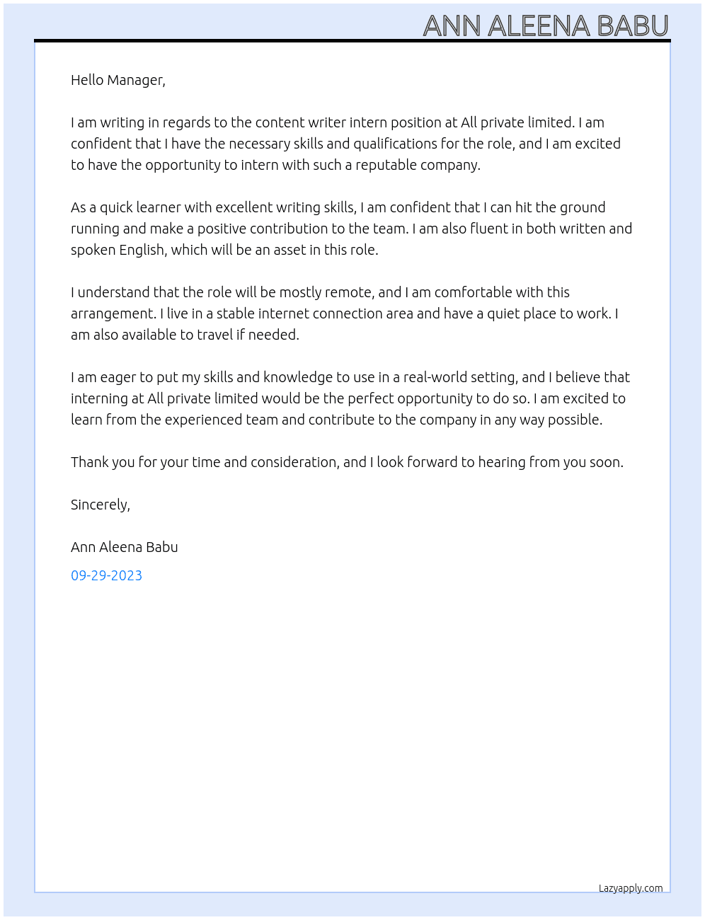 Content writer intern At All private limited  Cover Letter