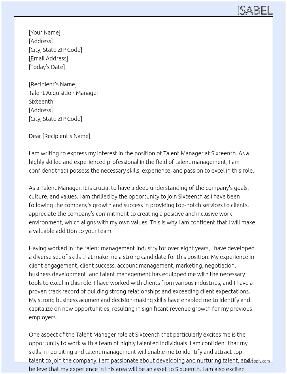 Talent Manager  At Sixteenth Cover Letter