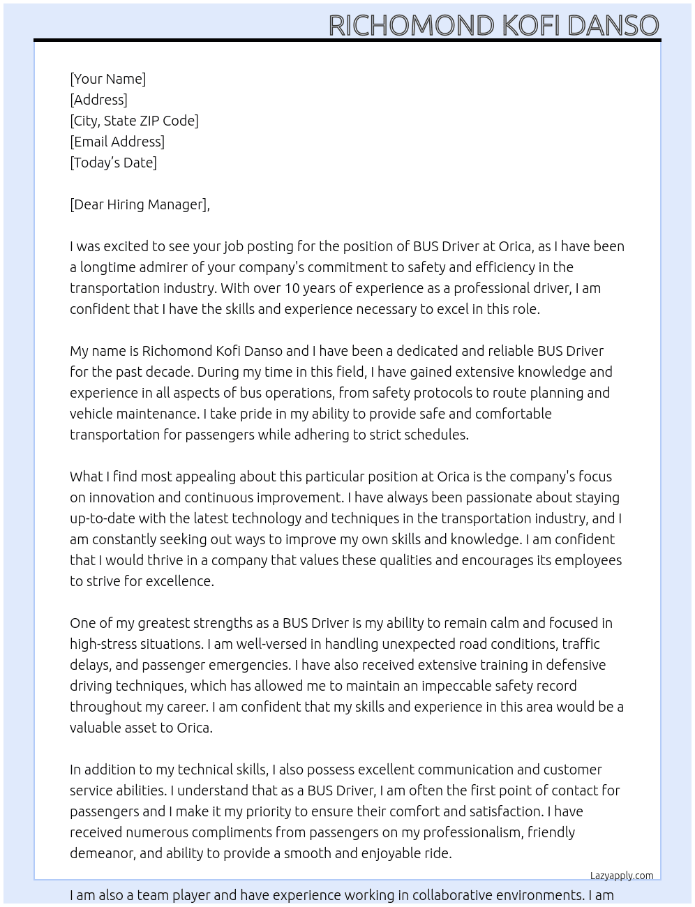BUS Driver At ORICA Cover Letter