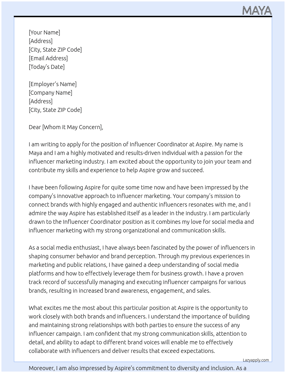 influencer coordinator At Aspire Cover Letter