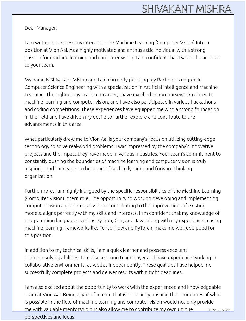Machine learning(computer vision) intern At Vion Aai Cover Letter