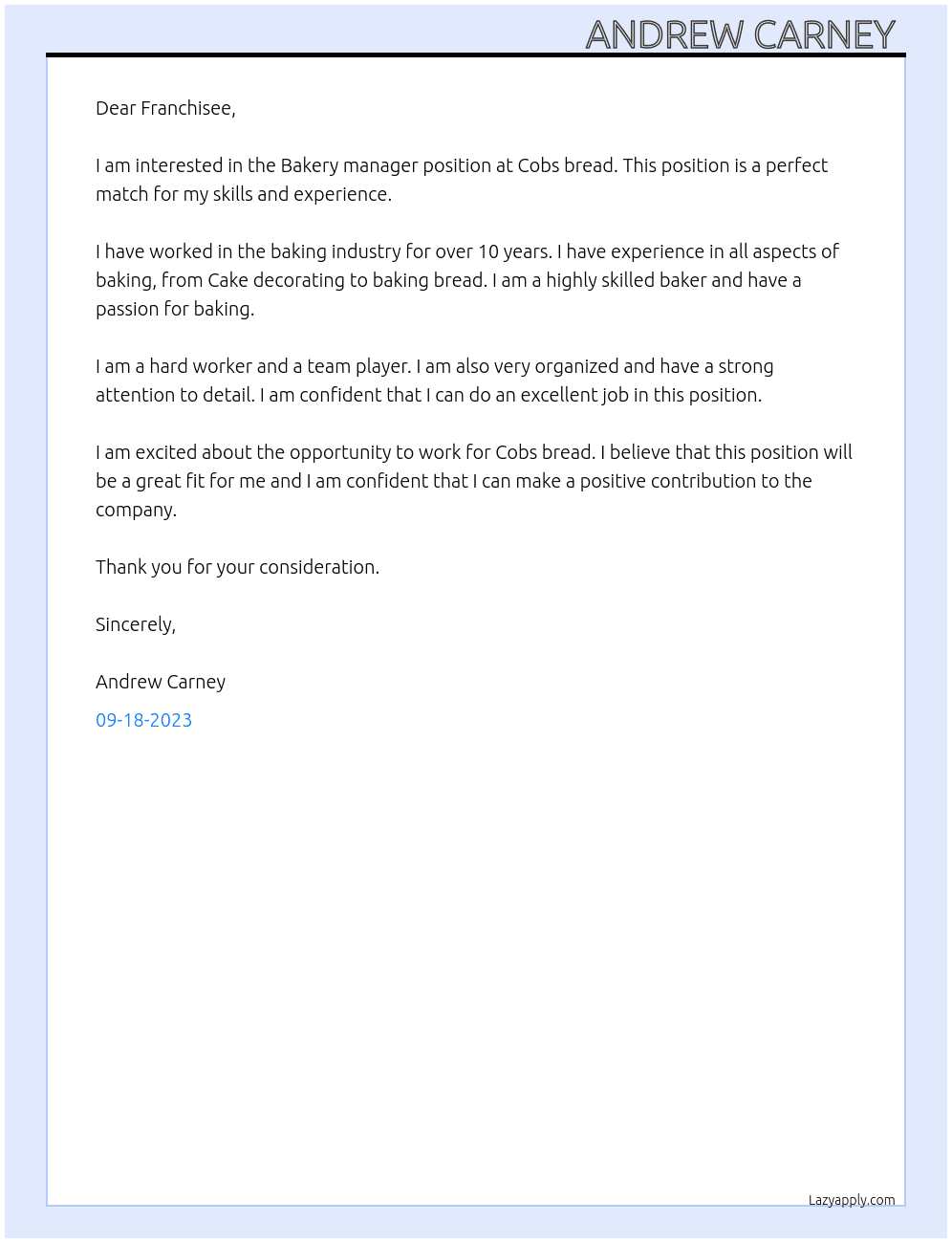 Bakery manager  At Cobs bread  Cover Letter