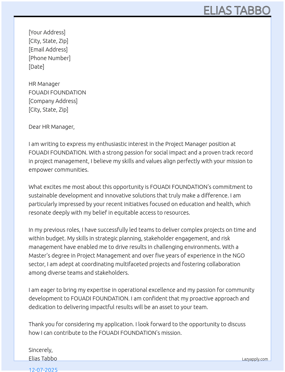 Project Manager At NGO:  FOUADI FOUNDATION Cover Letter