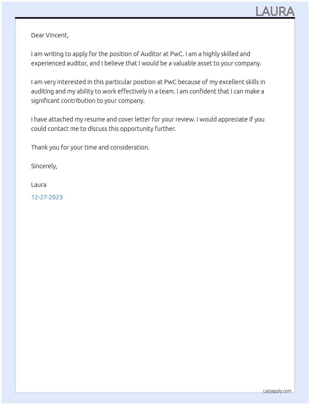 auditing At Pwc Cover Letter