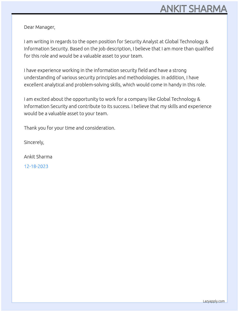 Security Analyst At Global Technology & Information Security Cover Letter