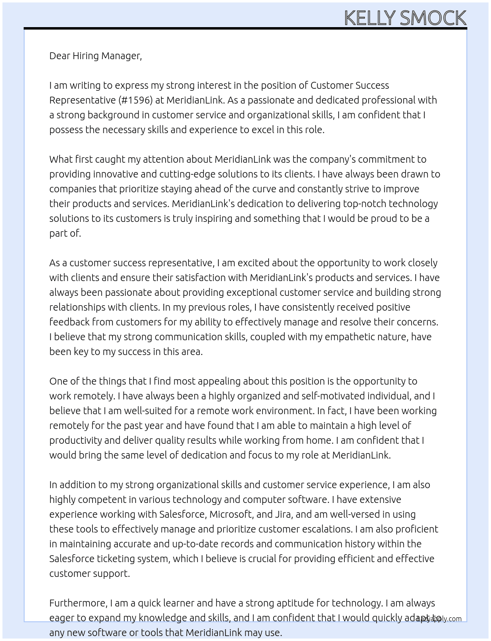 Customer Success Representative - #1596 At MeridianLink  Cover Letter