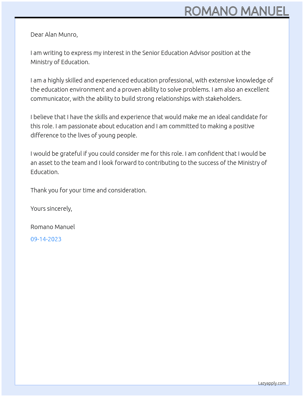 Senior Education Advisor At Ministry of Education Cover Letter