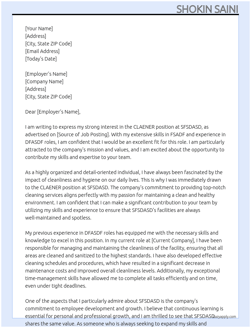 CLAENER At SFSDASD Cover Letter