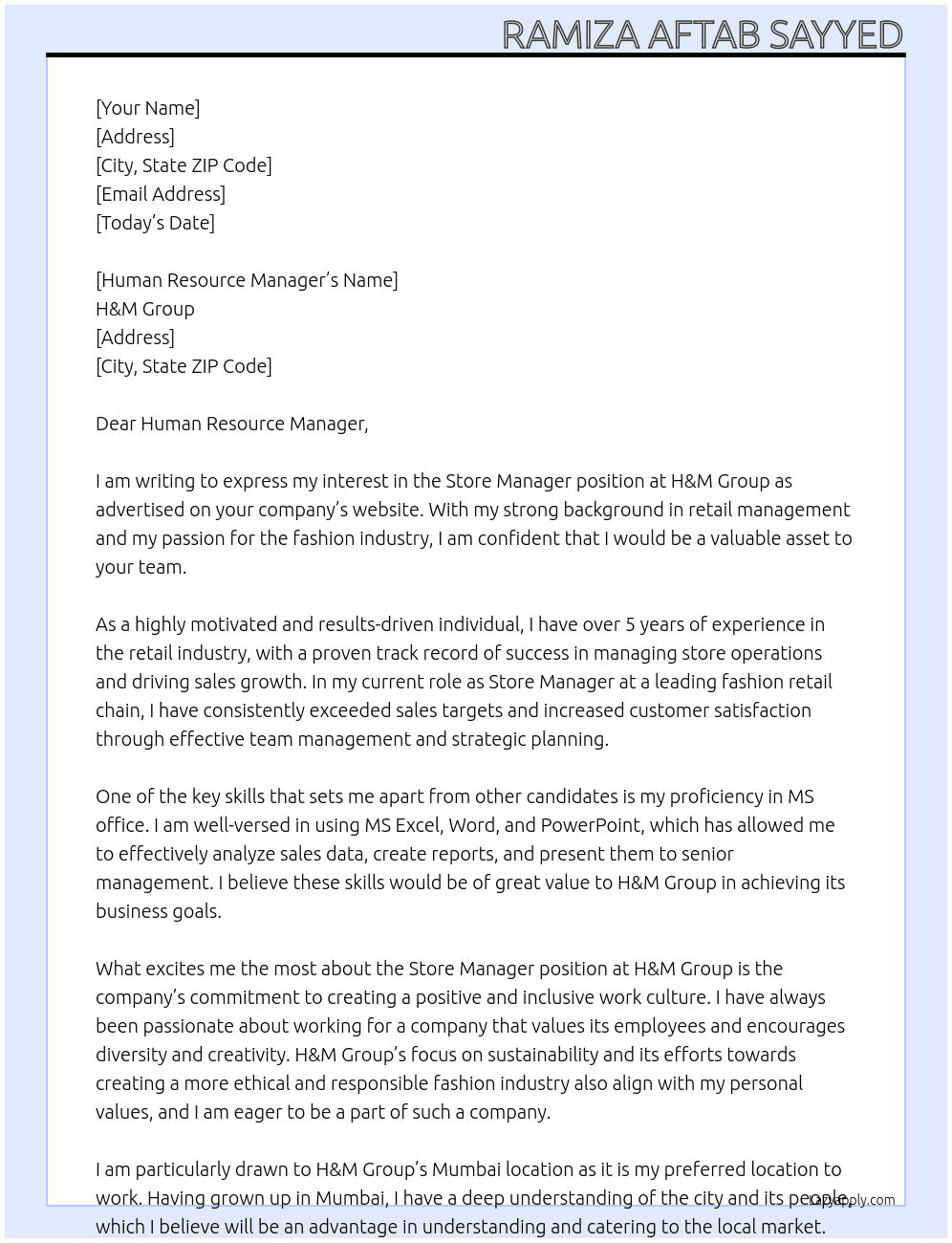 Store manager At H&M group Cover Letter