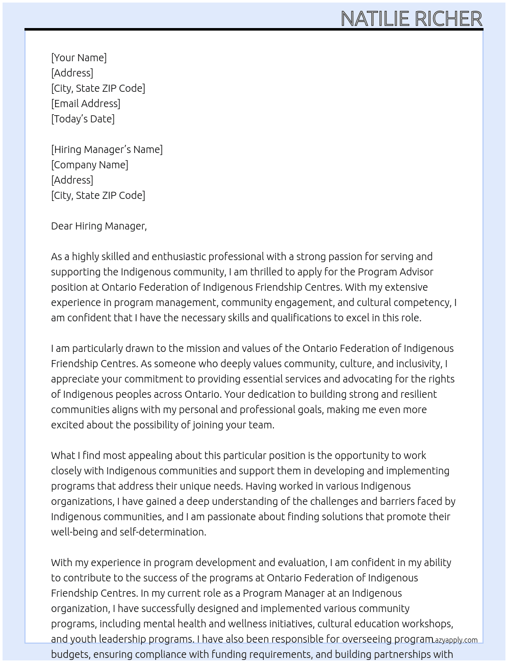 Program Advisor At Ontario Federation of Indigenous Friendship Centres Cover Letter
