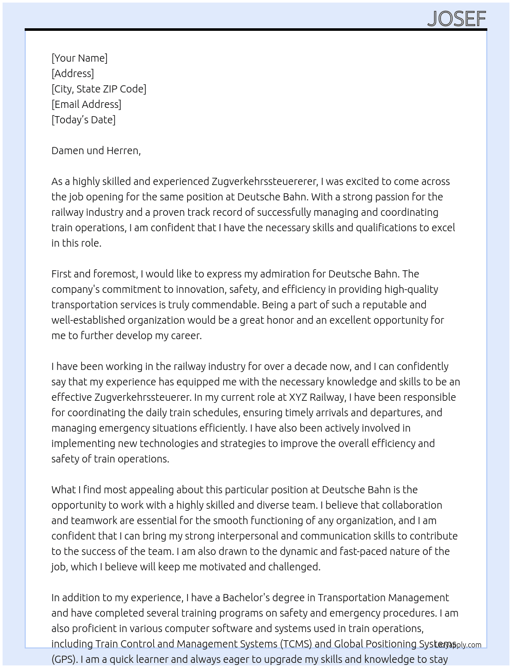 Zugverkehrssteurerer At Deutsche Bahn Cover Letter