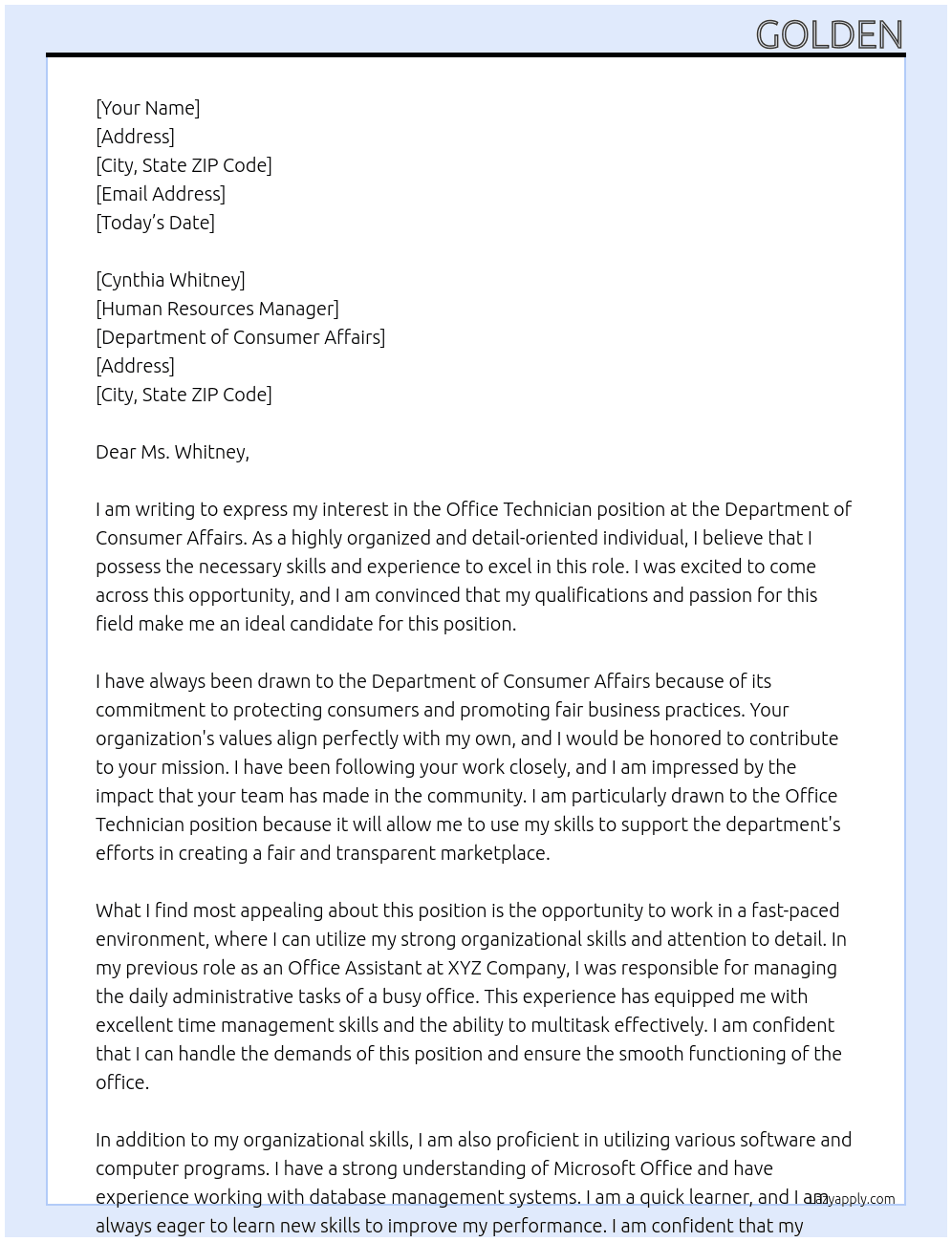 Office technician  At Department of consumer affairs  Cover Letter