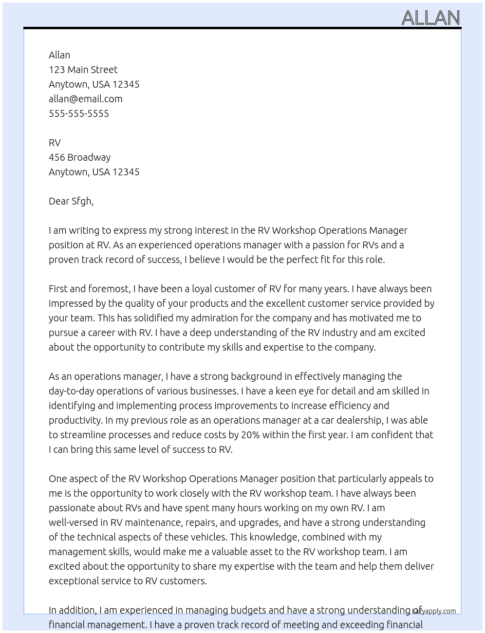 RV Workshop Operations Manager At RV Cover Letter