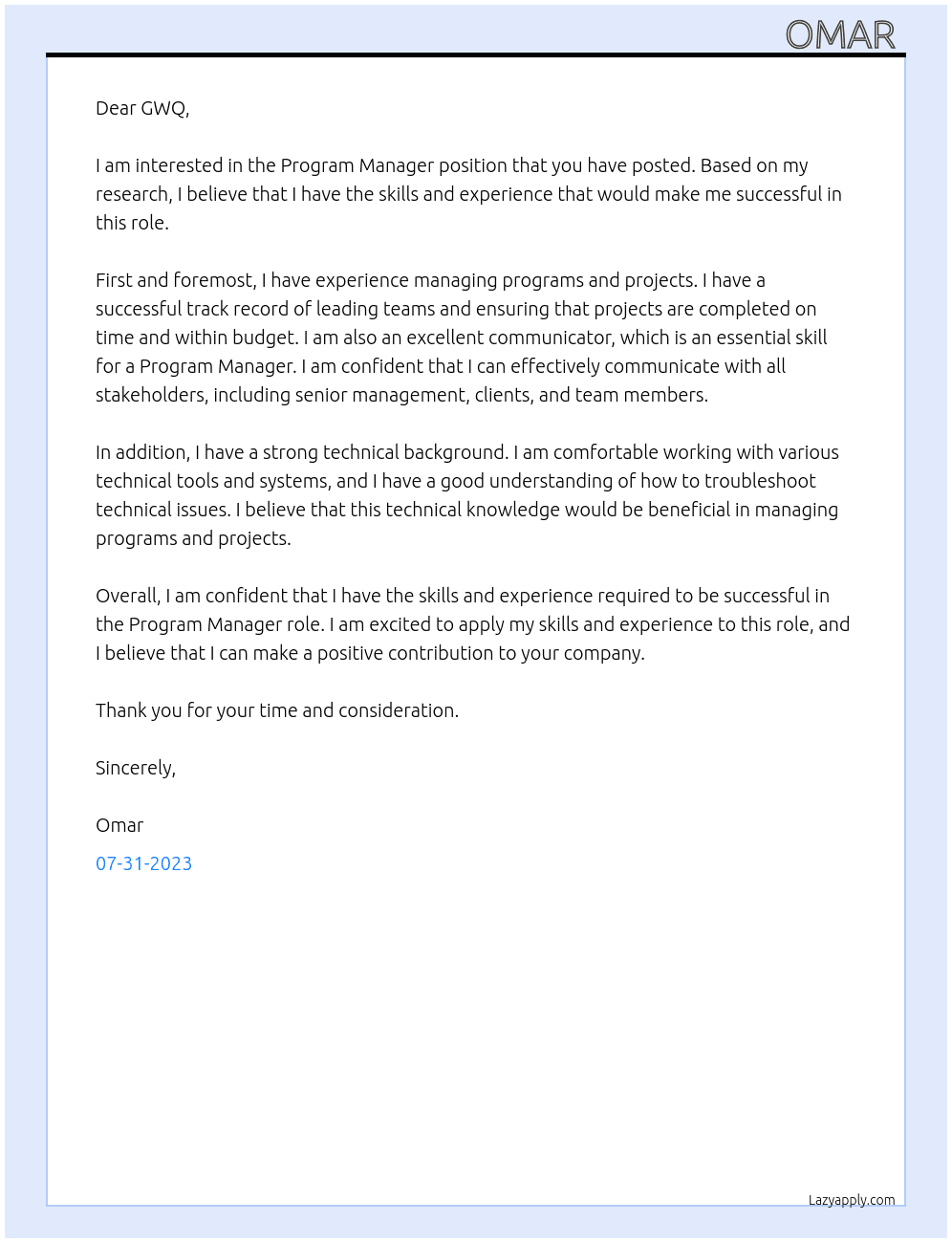 Program Manager At GWQ Cover Letter