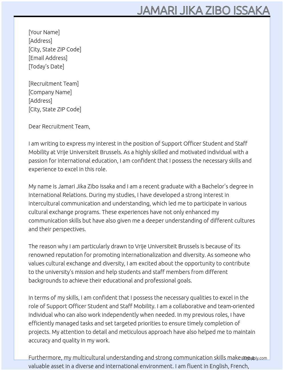 Support Officer Student and Staff Mobility At Vrije University Brussels Cover Letter