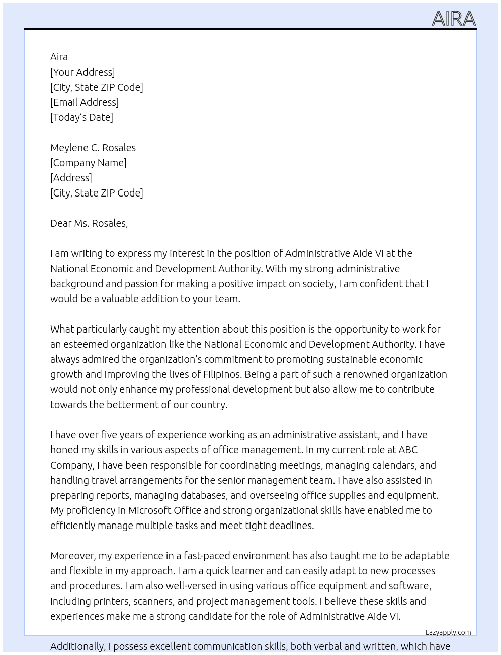 administrative aide VI At National Economic and Development Authority Cover Letter