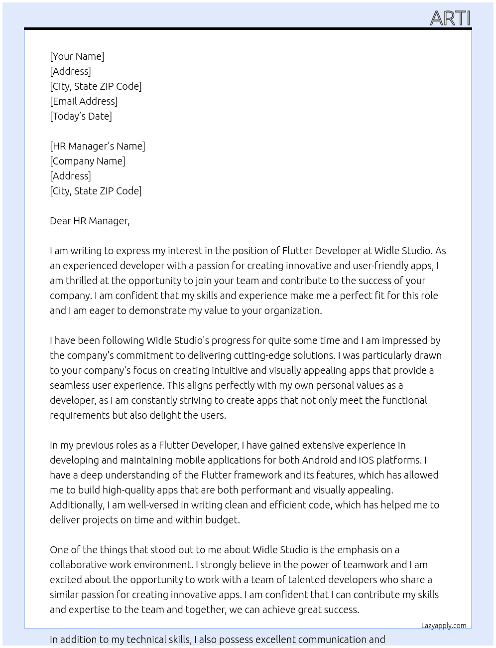 Flutter Developer At Widle Studio Cover Letter
