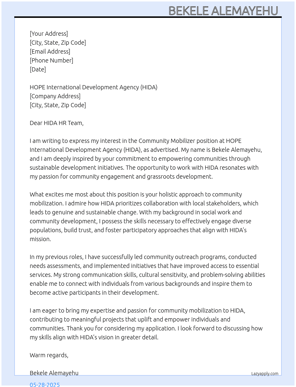Community Mobilizer At HOPE International Development Agency (HIDA)  Cover Letter