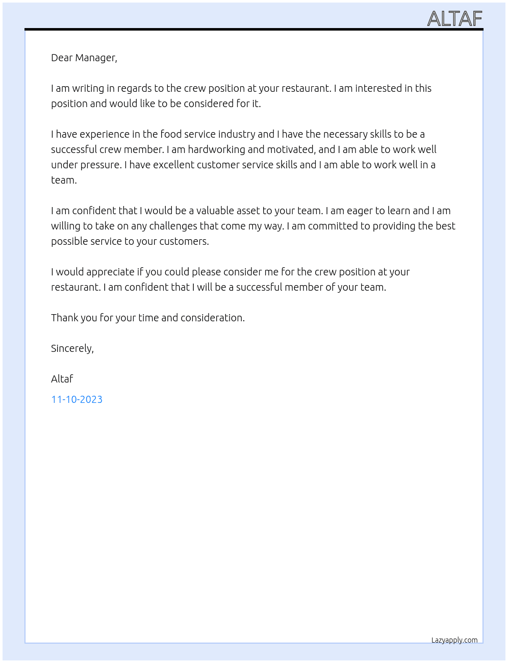 Crew in restaurant At Crew Cover Letter