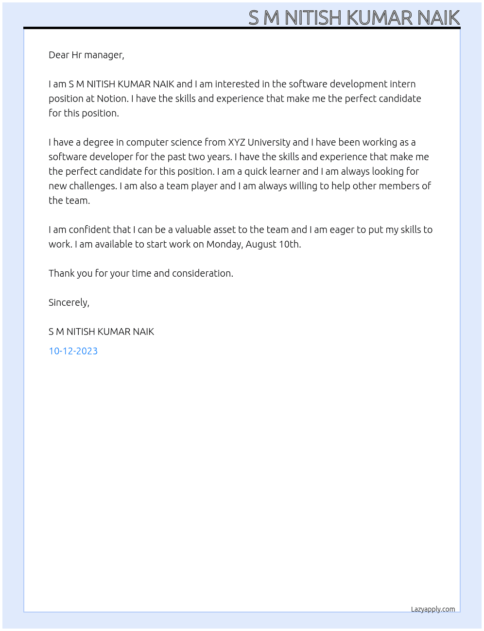 Software development intern At Notion Cover Letter