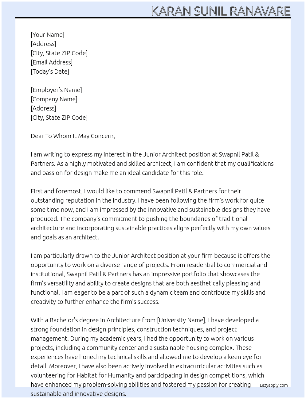 Junior Architect At Swapnil Patil & partners Cover Letter