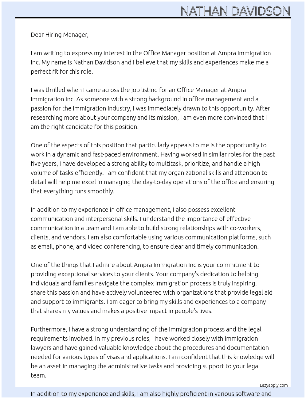 Office Manager At Ampra Immigration Inc Cover Letter