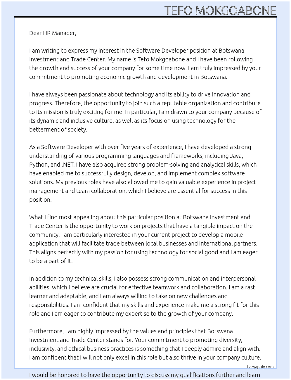 Software Developer At Botswana Investment and Trade Center Cover Letter