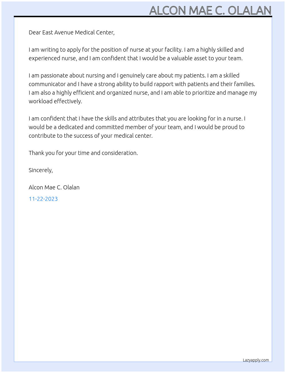 Nurse At East Avenue Medical Center Cover Letter