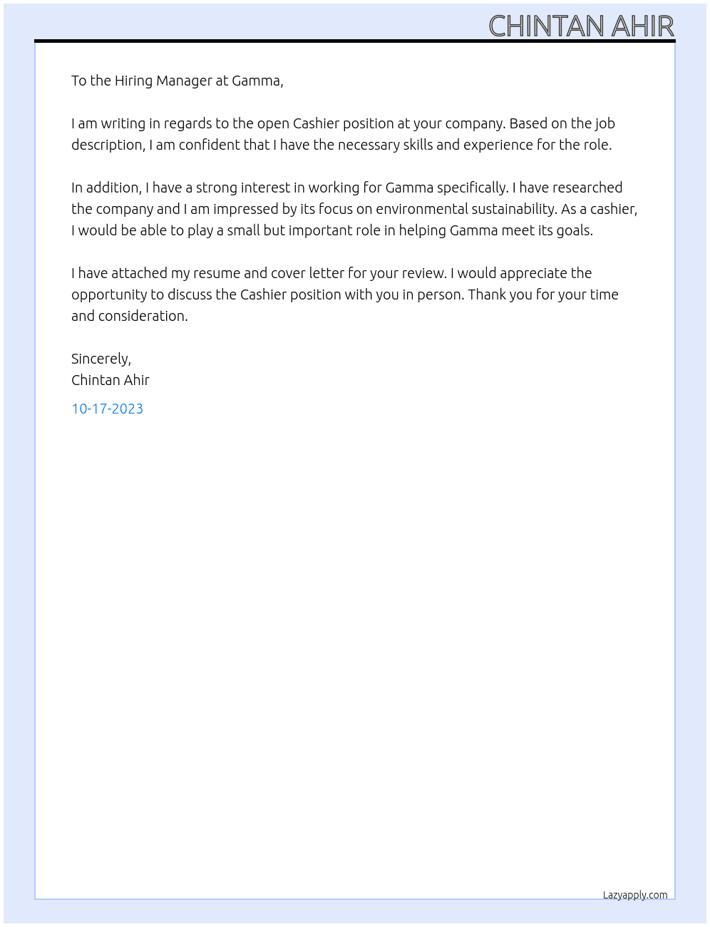 Cashier  At Gamma Cover Letter