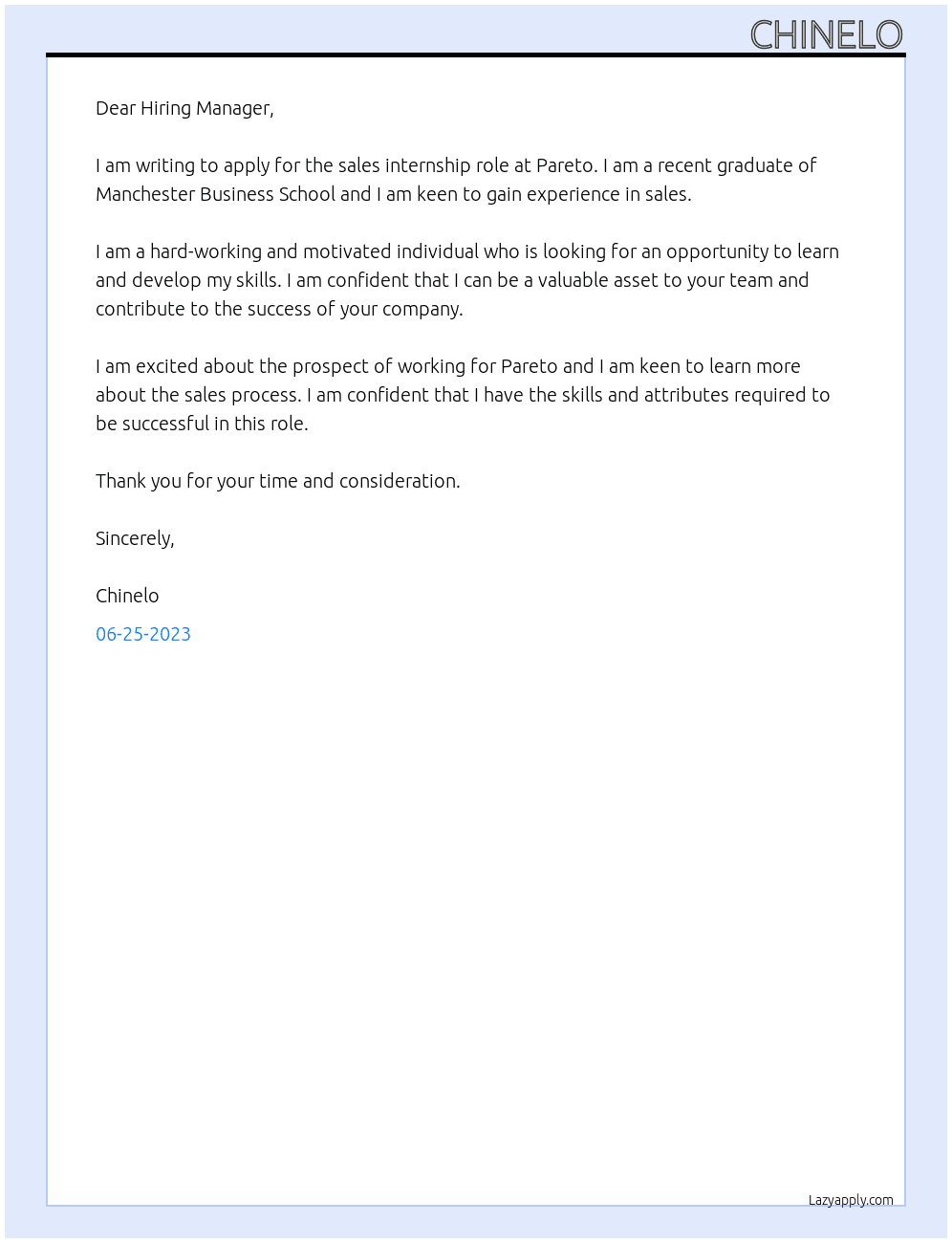 sales At pareto Cover Letter