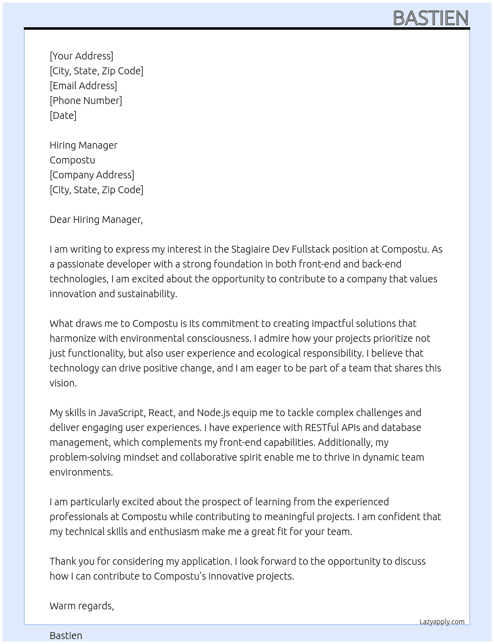 Stagiaire dev fullstack At Compostu Cover Letter