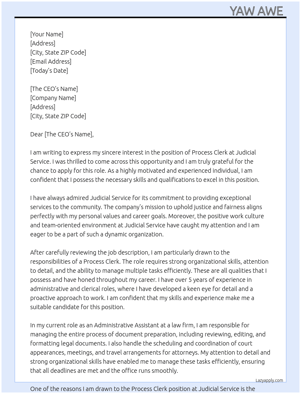 Process Clerk  At Judicial Service  Cover Letter