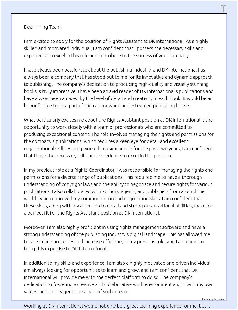 Rights Assistant At DK International Cover Letter